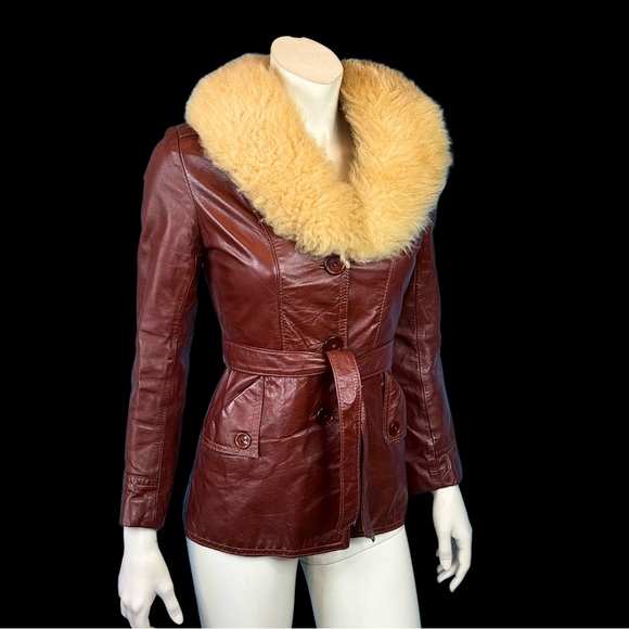 70s Deep Rust Brown LEATHER Insulated Mini Trench Coat / XS XXS - Picture 7 of 10